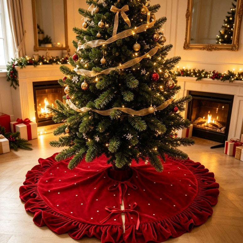 Vibeke | Velvet Ruffled Christmas Tree Skirt with Pearl Beading