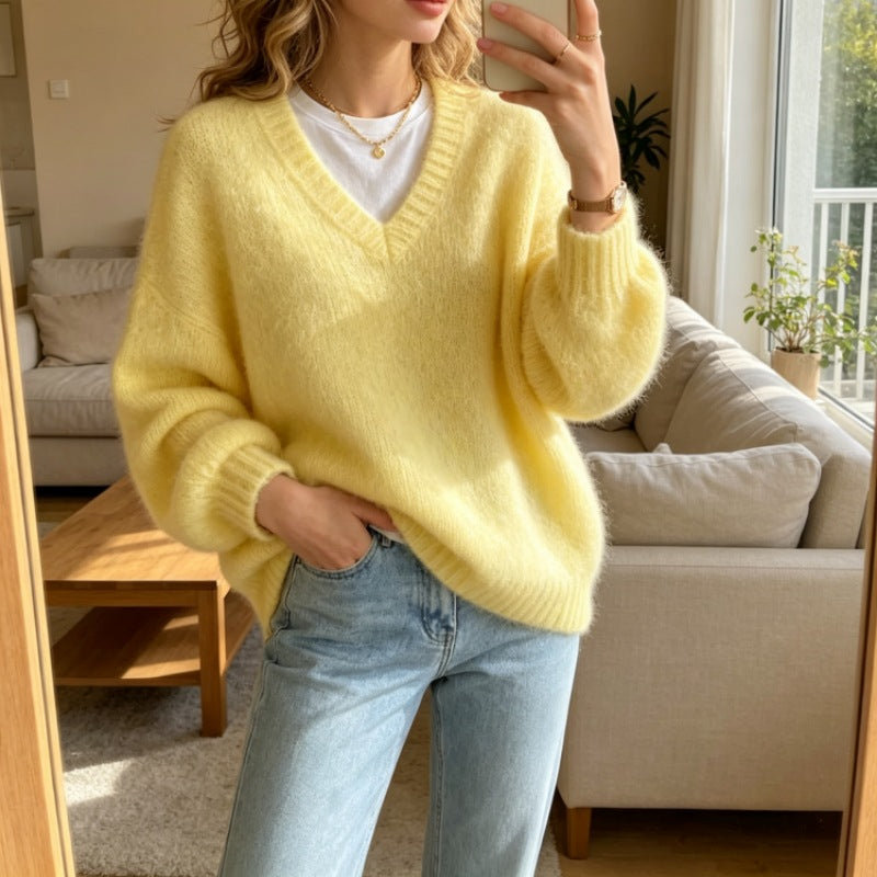 Klaartje | Fuzzy Knit V-Neck Sweater with Drop Shoulder for Women