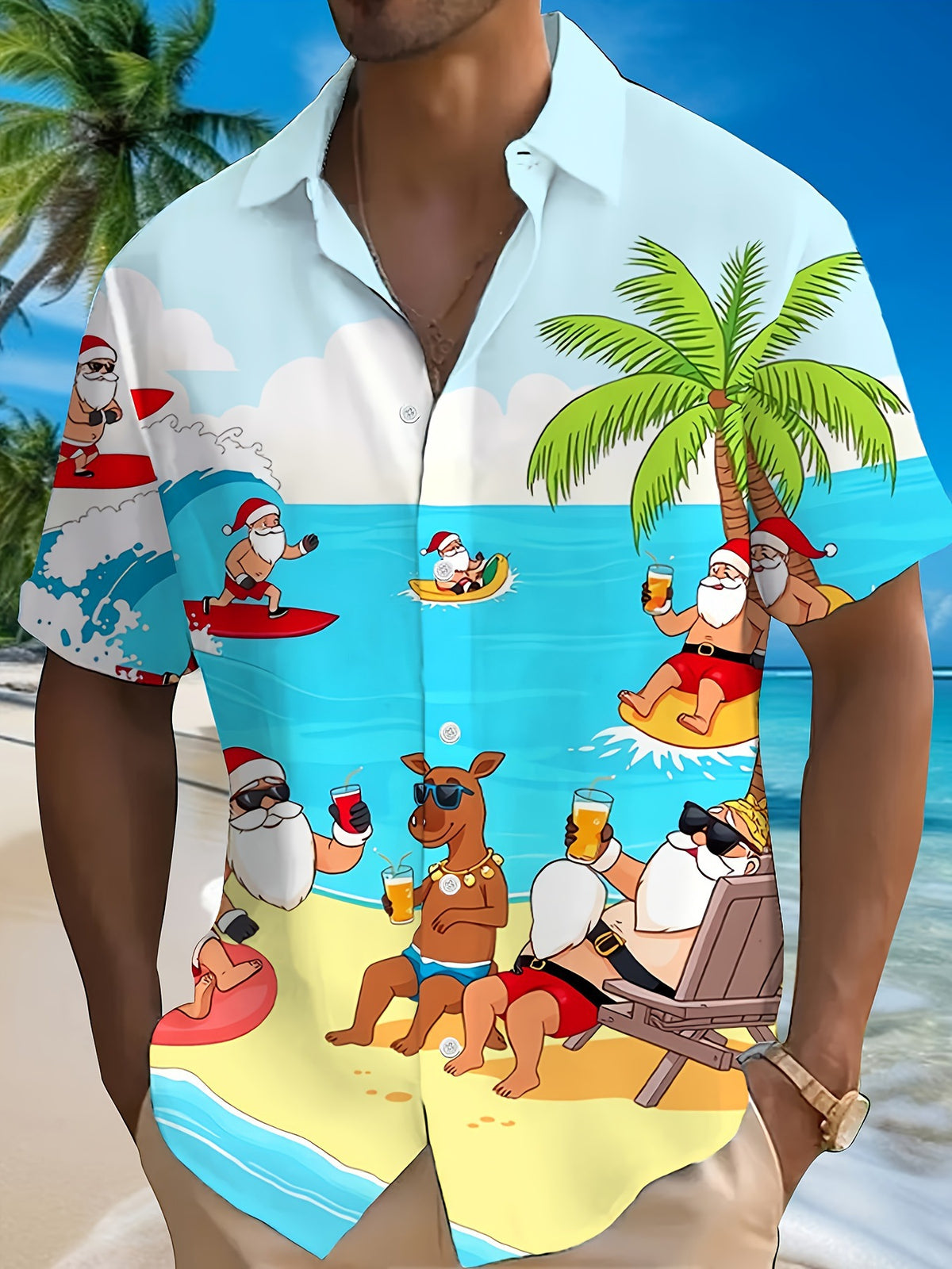 Joel | Pink Cartoon Print Short Sleeve Christmas Blouse for Men