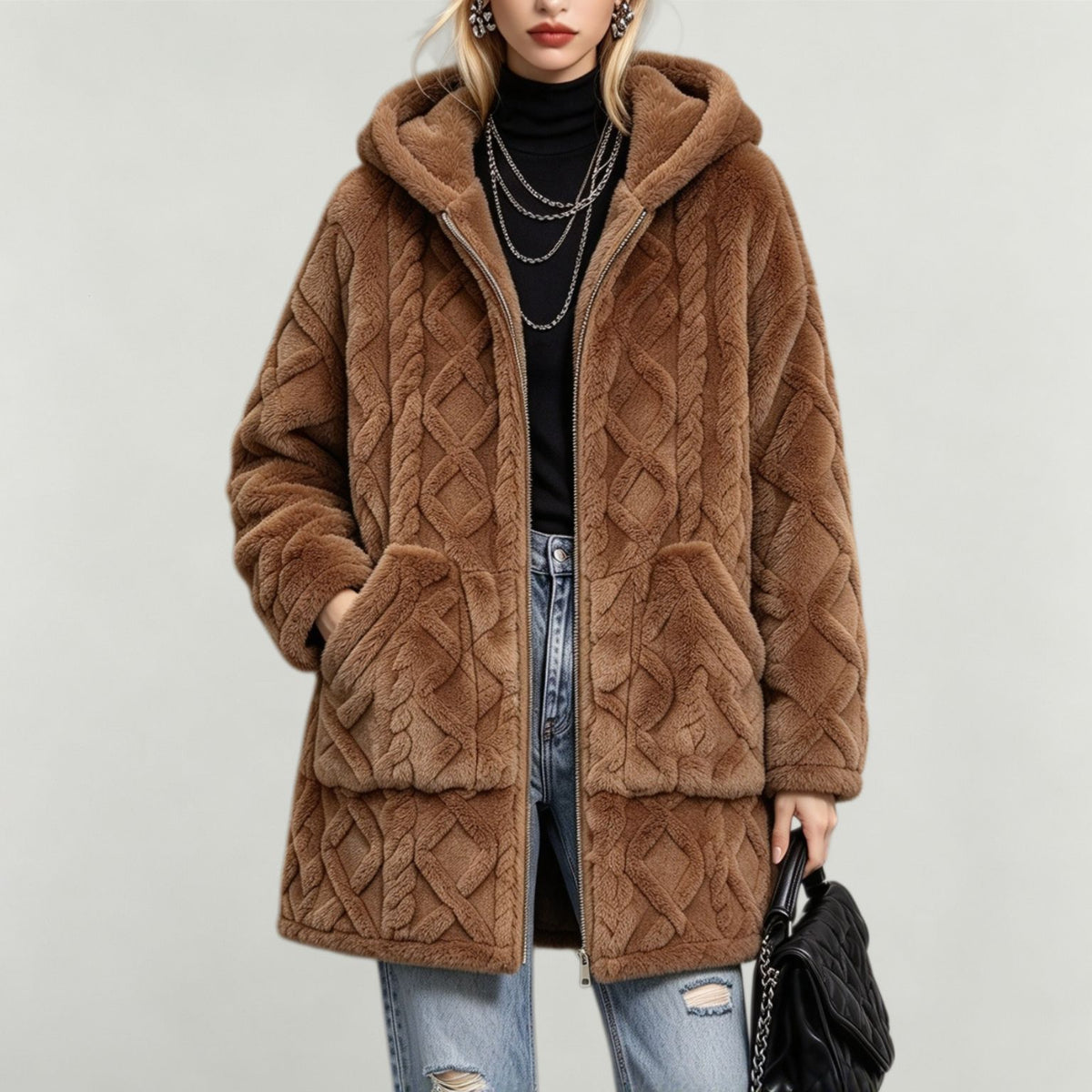 Else | Cable-Knit Textured Hooded Teddy Coat for Women
