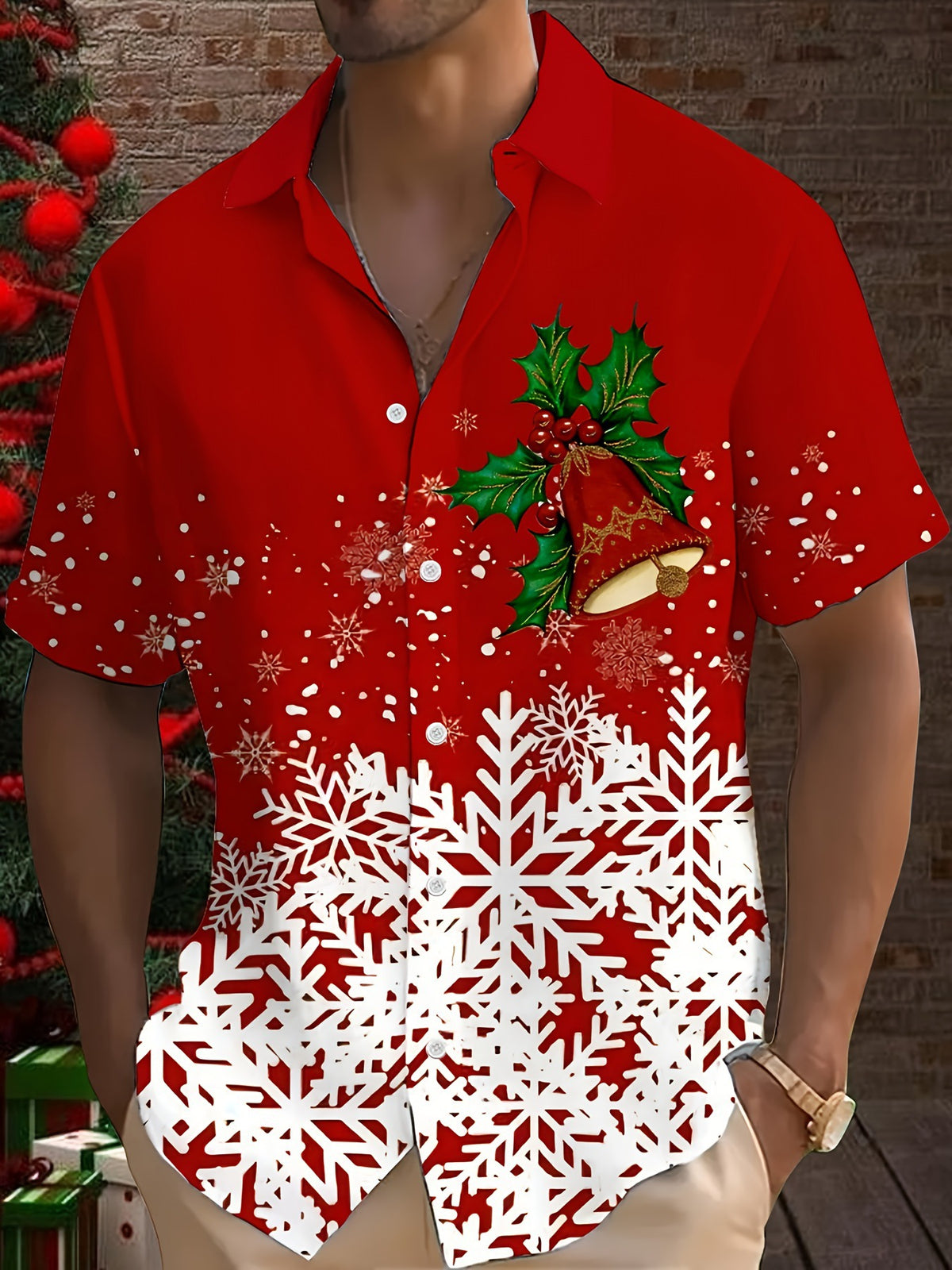 Joel | Pink Cartoon Print Short Sleeve Christmas Blouse for Men
