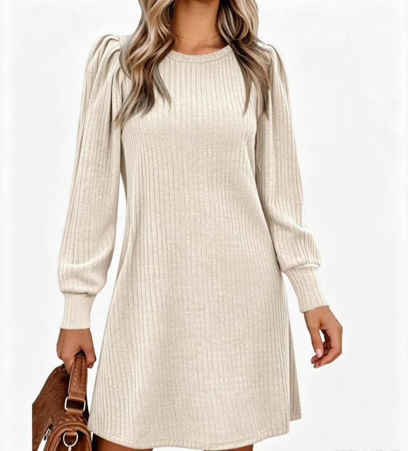 Romana | Ribbed Puff Sleeve A-Line Midi Dress for Women