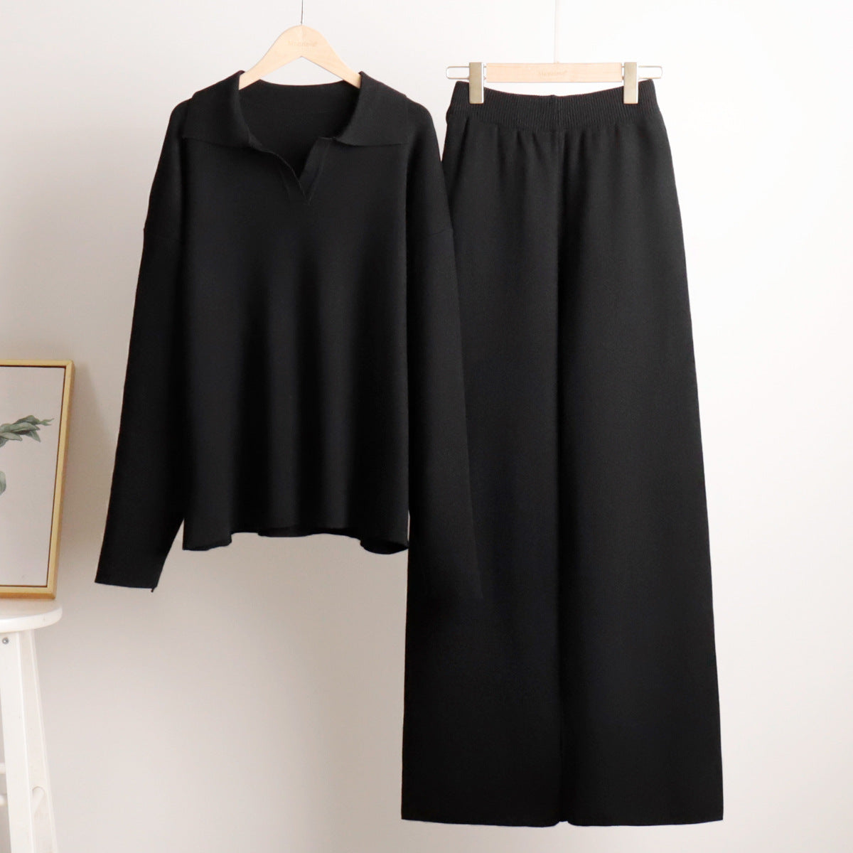 Priscilla | Ribbed Polo Collar Sweat Set with Wide-Leg Pants