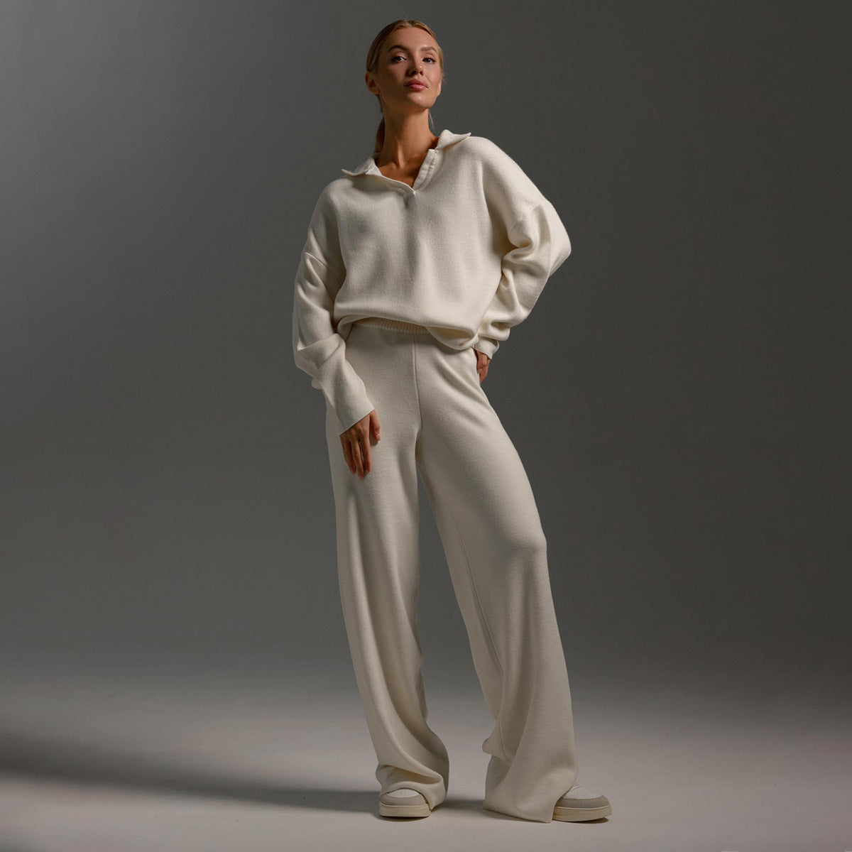 Priscilla | Ribbed Polo Collar Sweat Set with Wide-Leg Pants