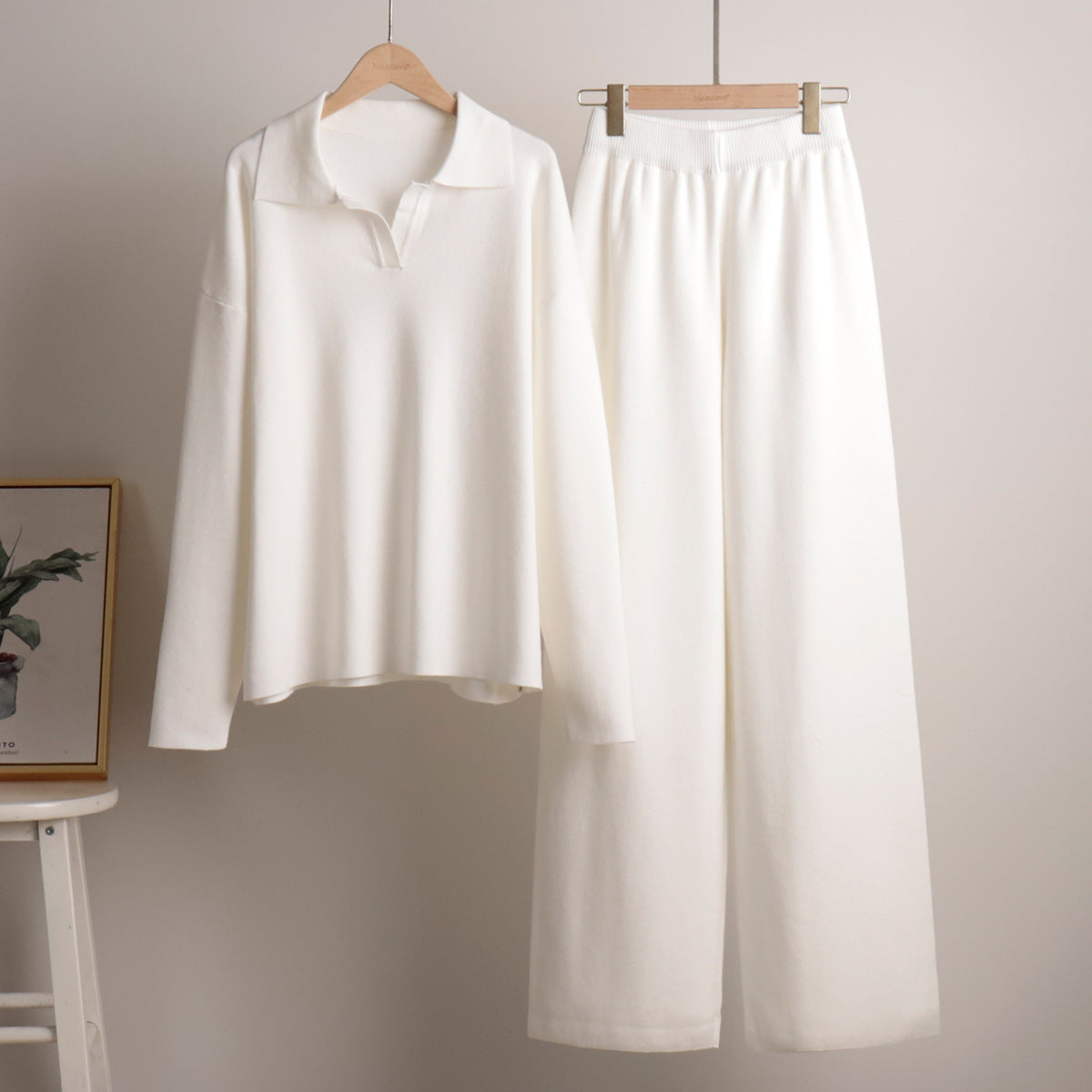 Priscilla | Ribbed Polo Collar Sweat Set with Wide-Leg Pants
