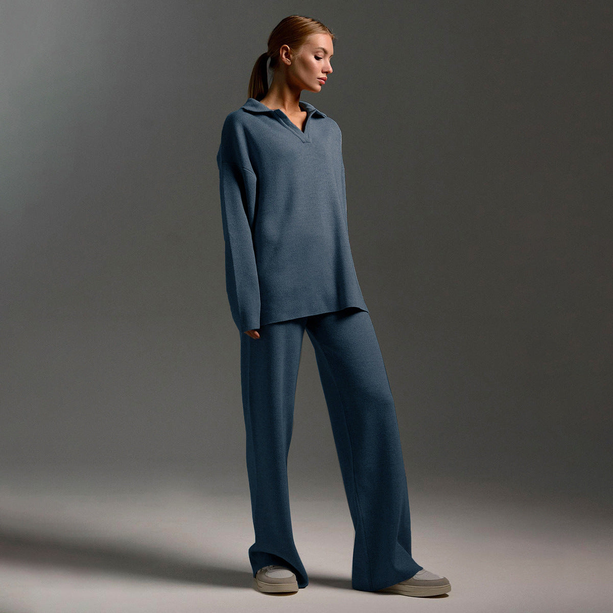 Priscilla | Ribbed Polo Collar Sweat Set with Wide-Leg Pants