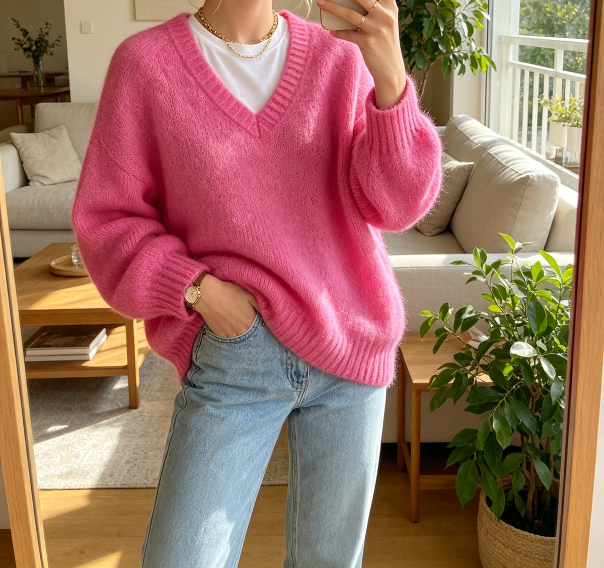Klaartje | Fuzzy Knit V-Neck Sweater with Drop Shoulder for Women