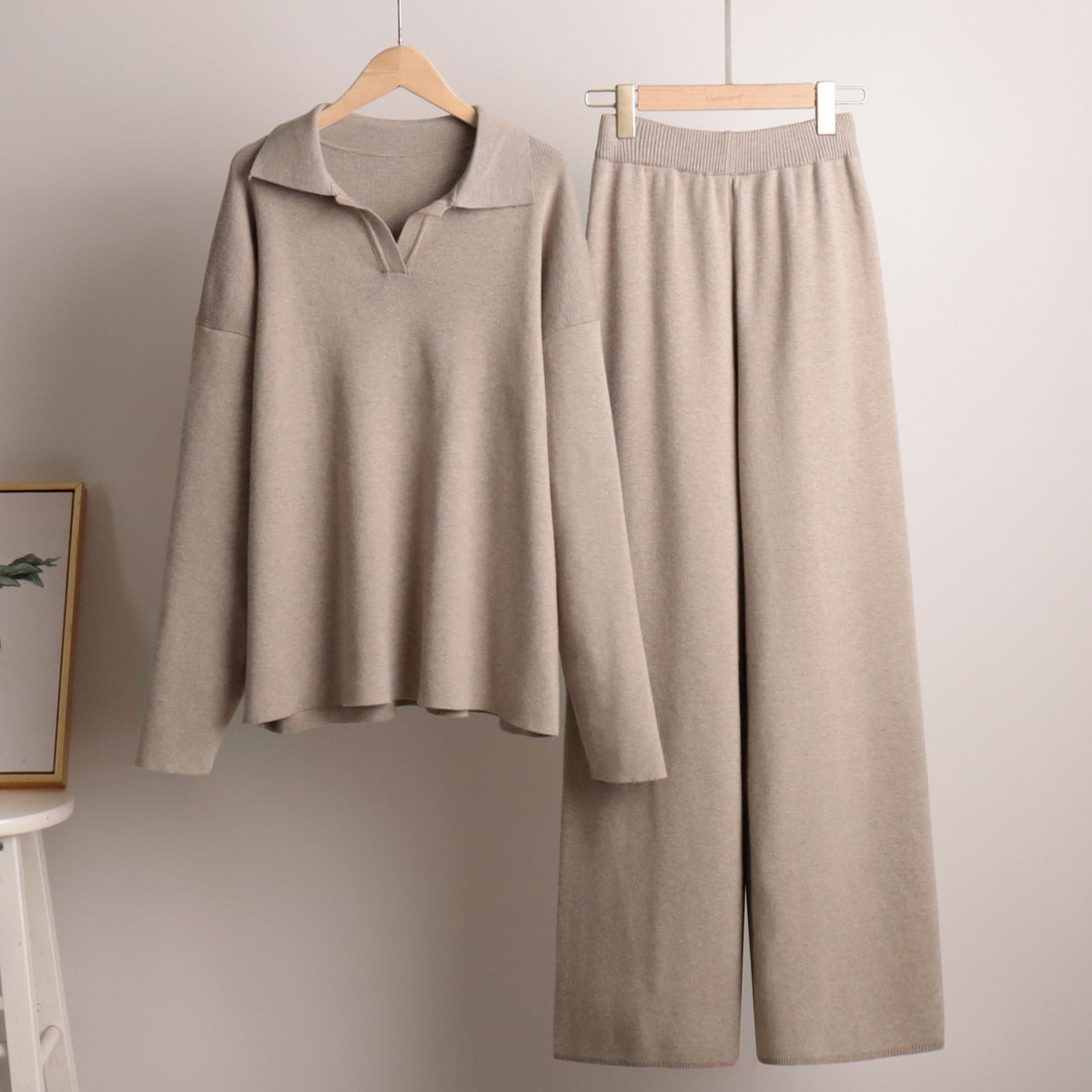Priscilla | Ribbed Polo Collar Sweat Set with Wide-Leg Pants