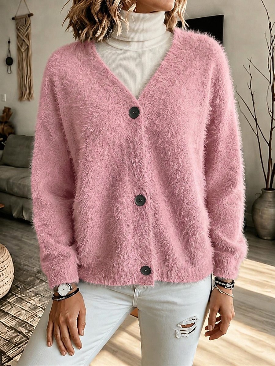 Journee | Fuzzy Knit Button-Front V-Neck Cardigan for Women