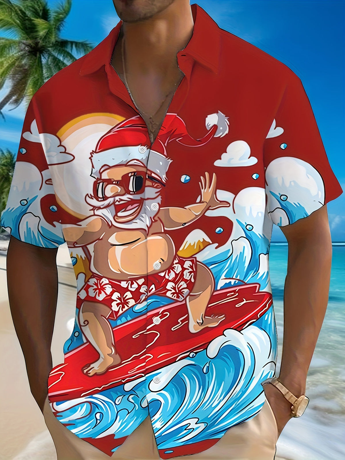 Joel | Pink Cartoon Print Short Sleeve Christmas Blouse for Men