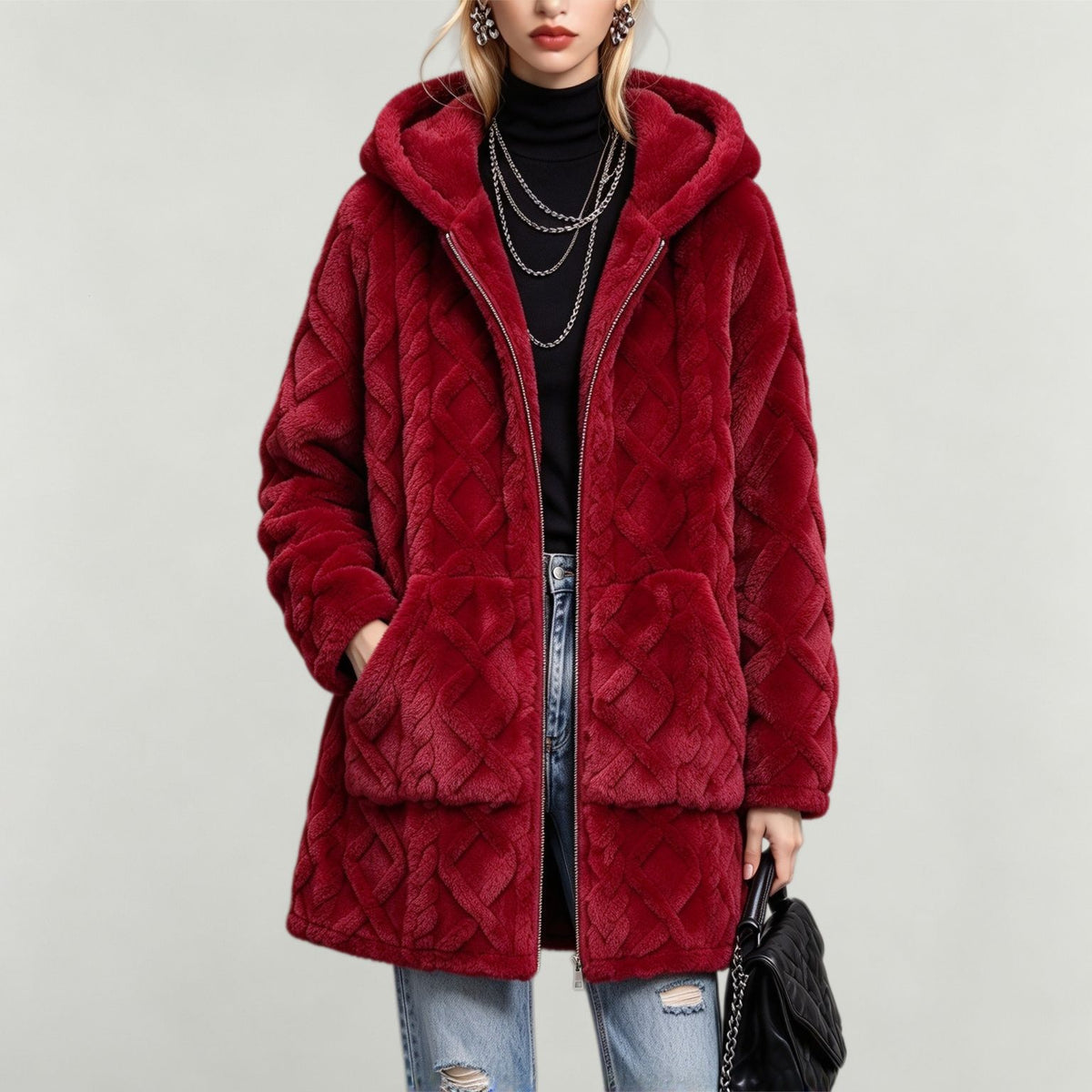 Else | Cable-Knit Textured Hooded Teddy Coat for Women