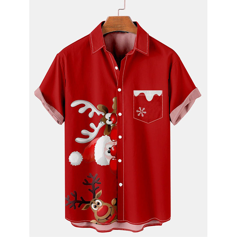 Finlay | Santa Print Button-Down Short Sleeve Christmas Blouse