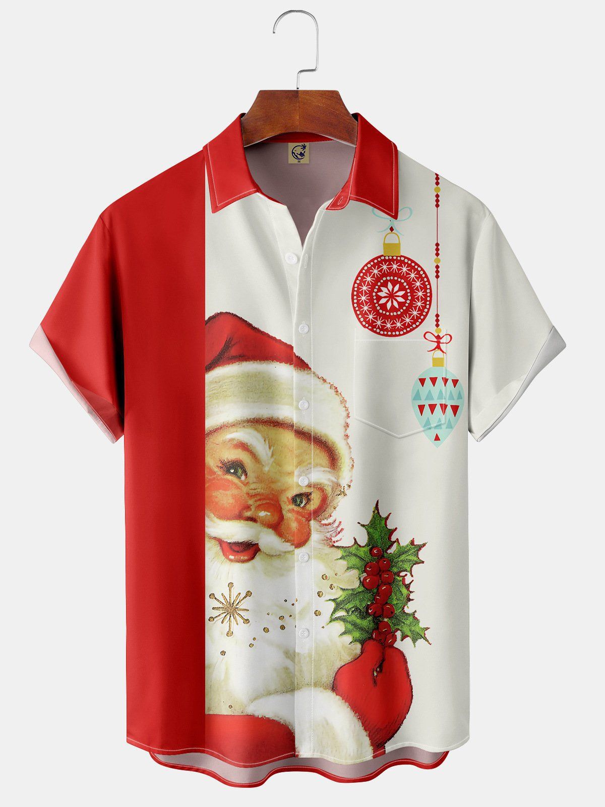 Finlay | Santa Print Button-Down Short Sleeve Christmas Blouse