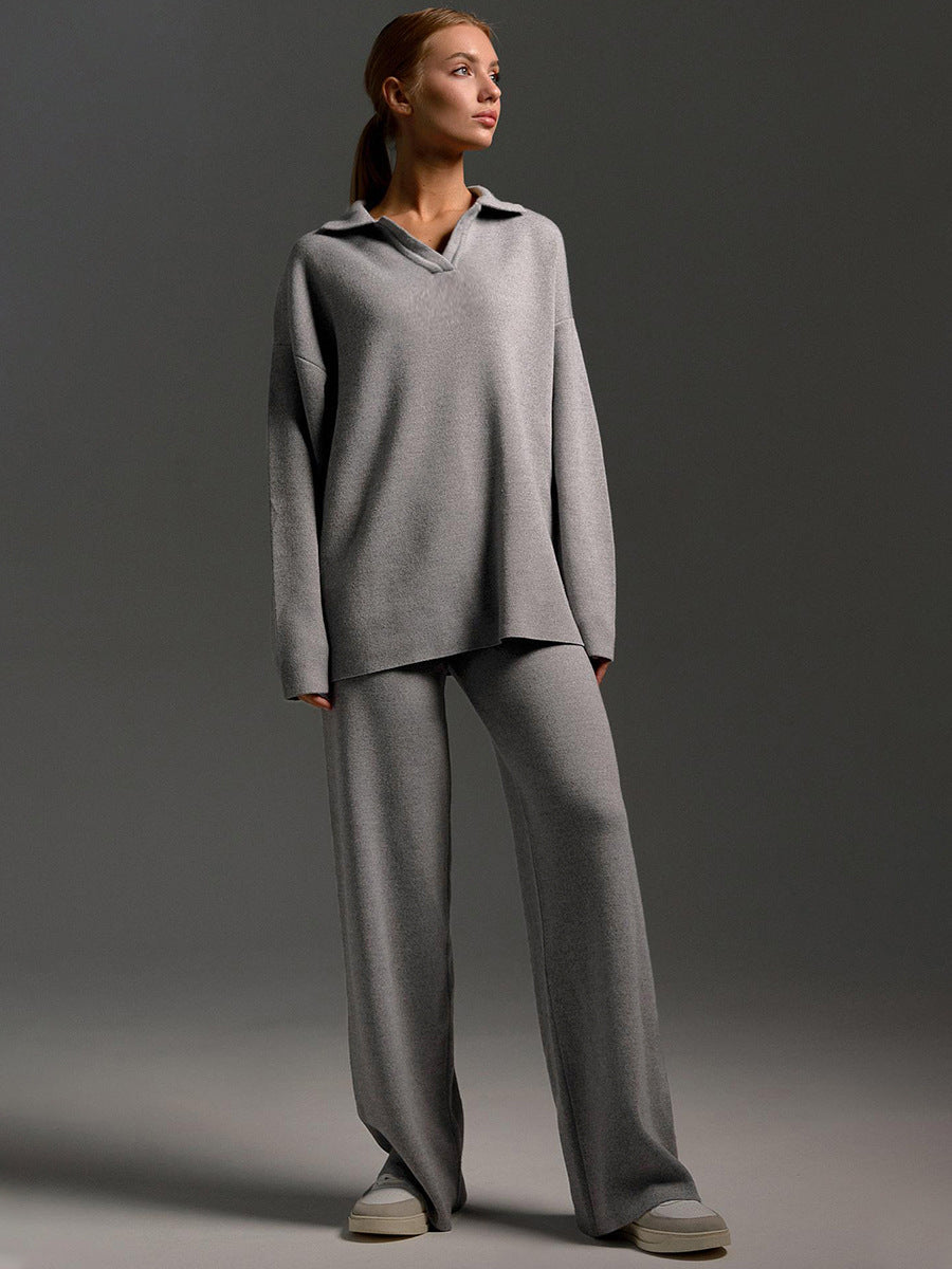 Priscilla | Ribbed Polo Collar Sweat Set with Wide-Leg Pants