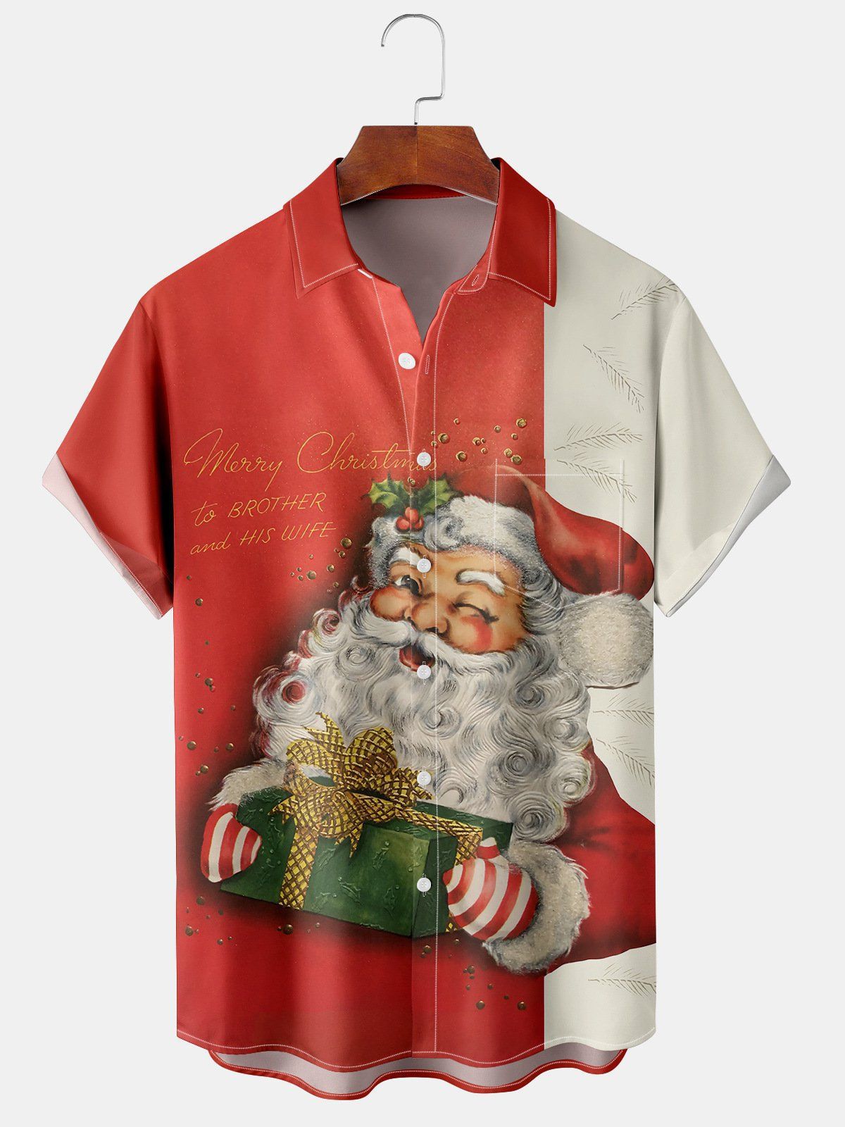 Finlay | Santa Print Button-Down Short Sleeve Christmas Blouse