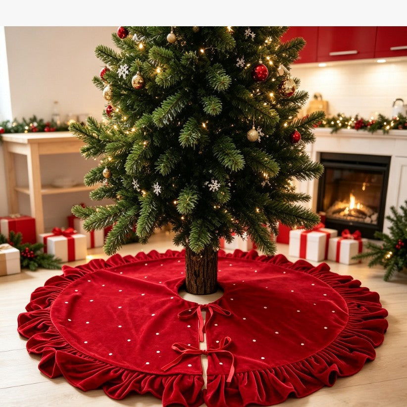 Vibeke | Velvet Ruffled Christmas Tree Skirt with Pearl Beading