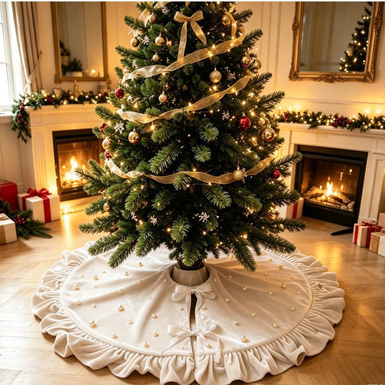 Vibeke | Velvet Ruffled Christmas Tree Skirt with Pearl Beading