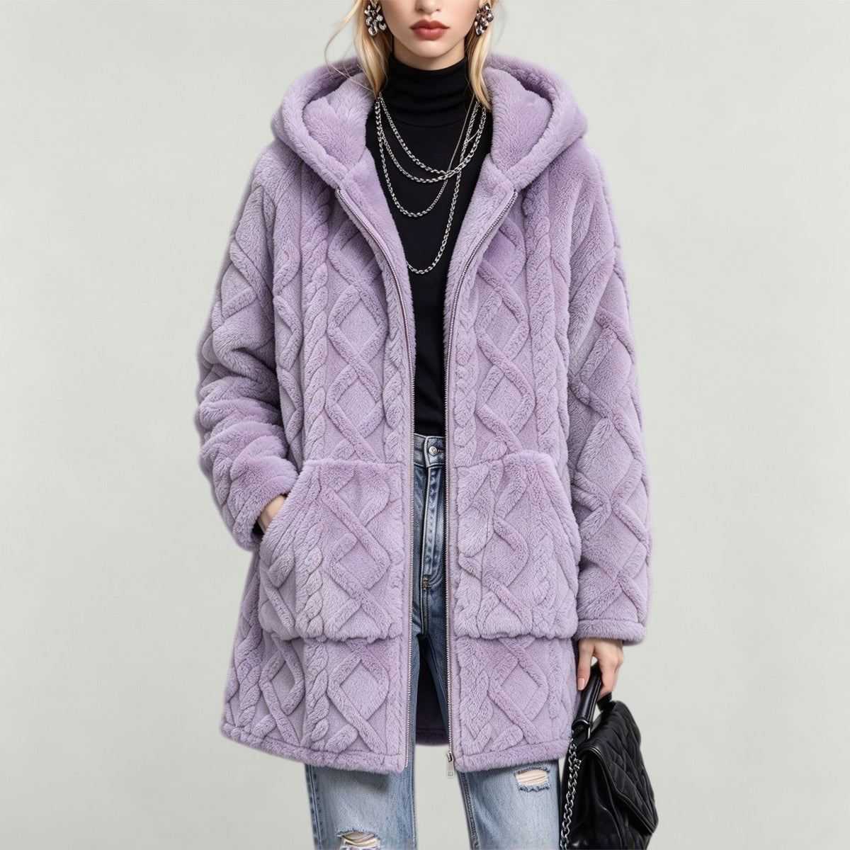 Else | Cable-Knit Textured Hooded Teddy Coat for Women