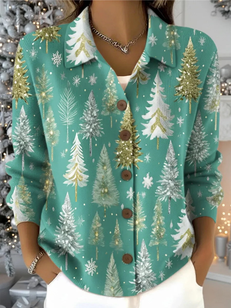 Lilian | Christmas Sweater with Tree Print Button Collar