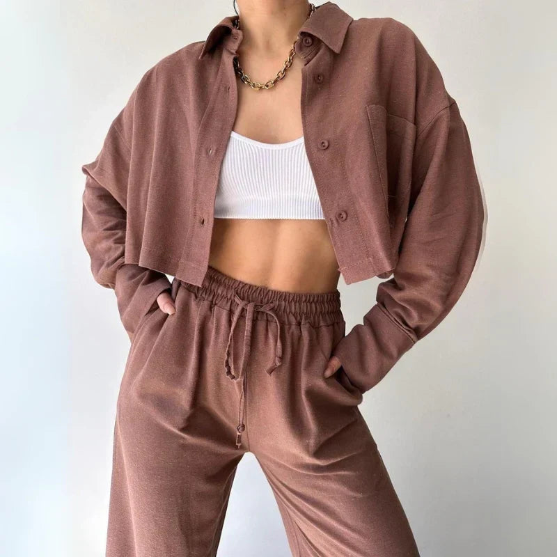 Douwina | Ribbed Cropped Sweat Set with Wide Leg Pants for Women