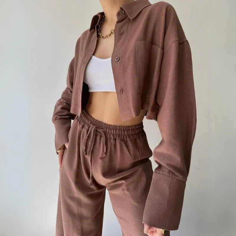 Douwina | Ribbed Cropped Sweat Set with Wide Leg Pants for Women
