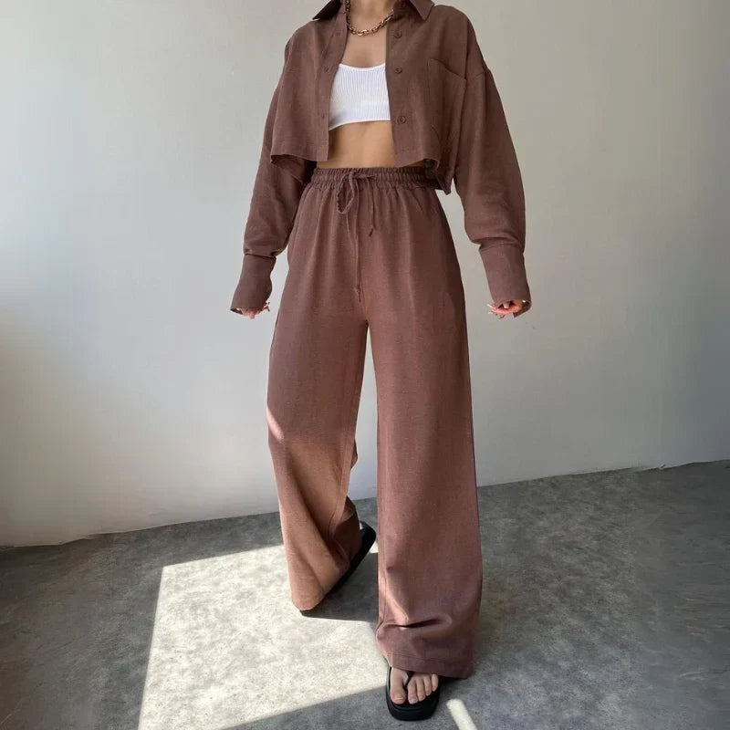 Douwina | Ribbed Cropped Sweat Set with Wide Leg Pants for Women
