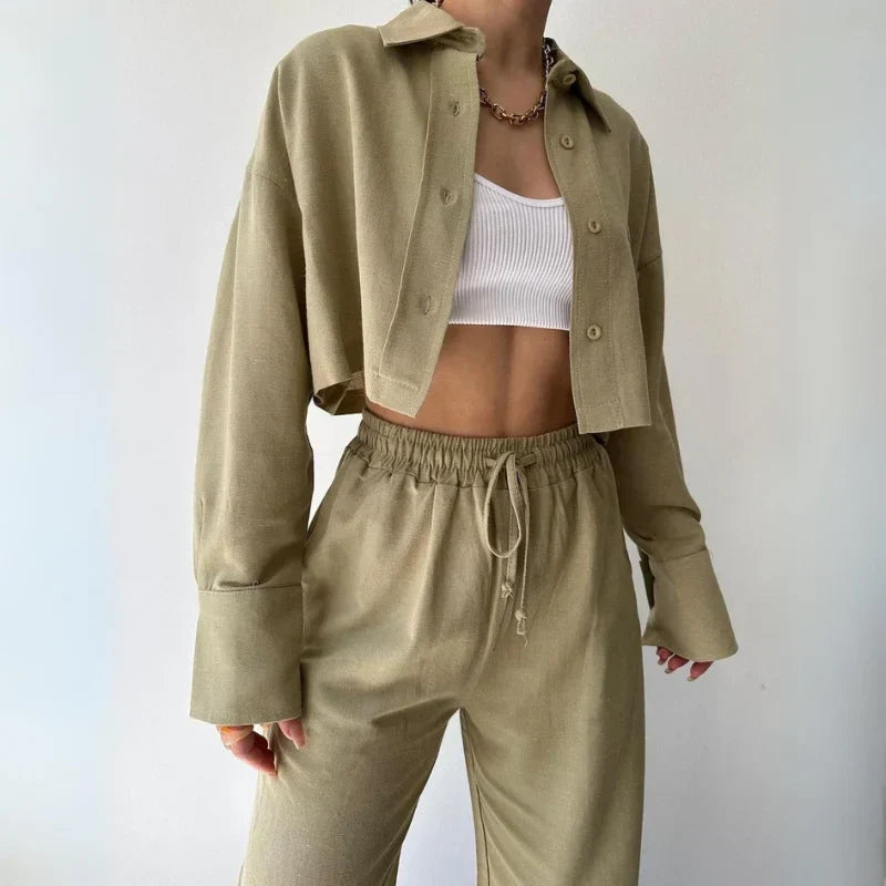 Douwina | Ribbed Cropped Sweat Set with Wide Leg Pants for Women
