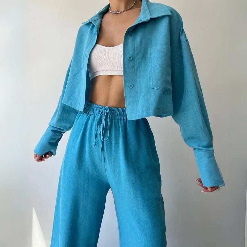 Douwina | Ribbed Cropped Sweat Set with Wide Leg Pants for Women