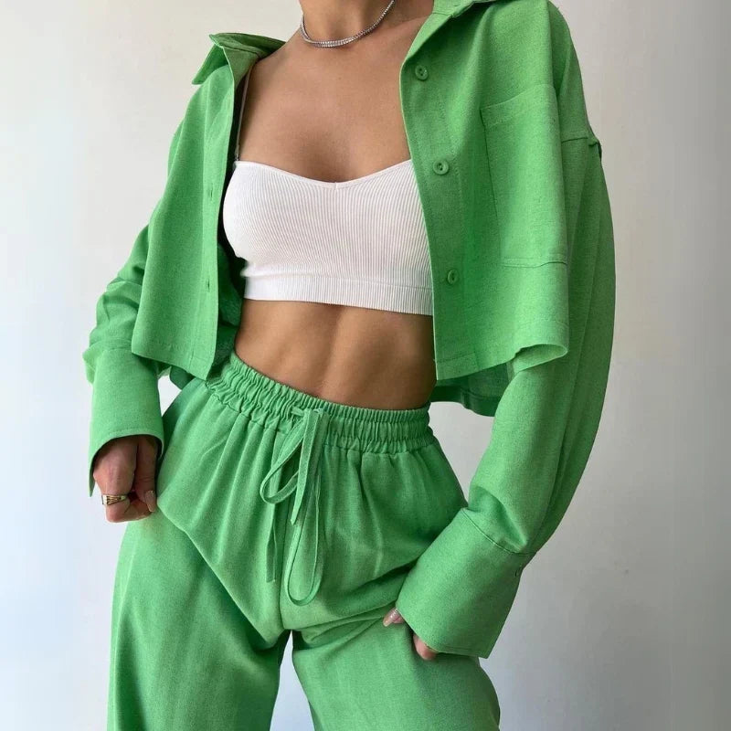Douwina | Ribbed Cropped Sweat Set with Wide Leg Pants for Women