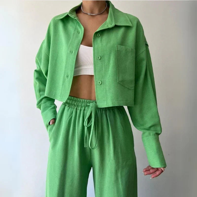 Douwina | Ribbed Cropped Sweat Set with Wide Leg Pants for Women