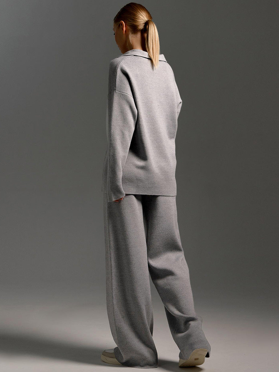Priscilla | Ribbed Polo Collar Sweat Set with Wide-Leg Pants
