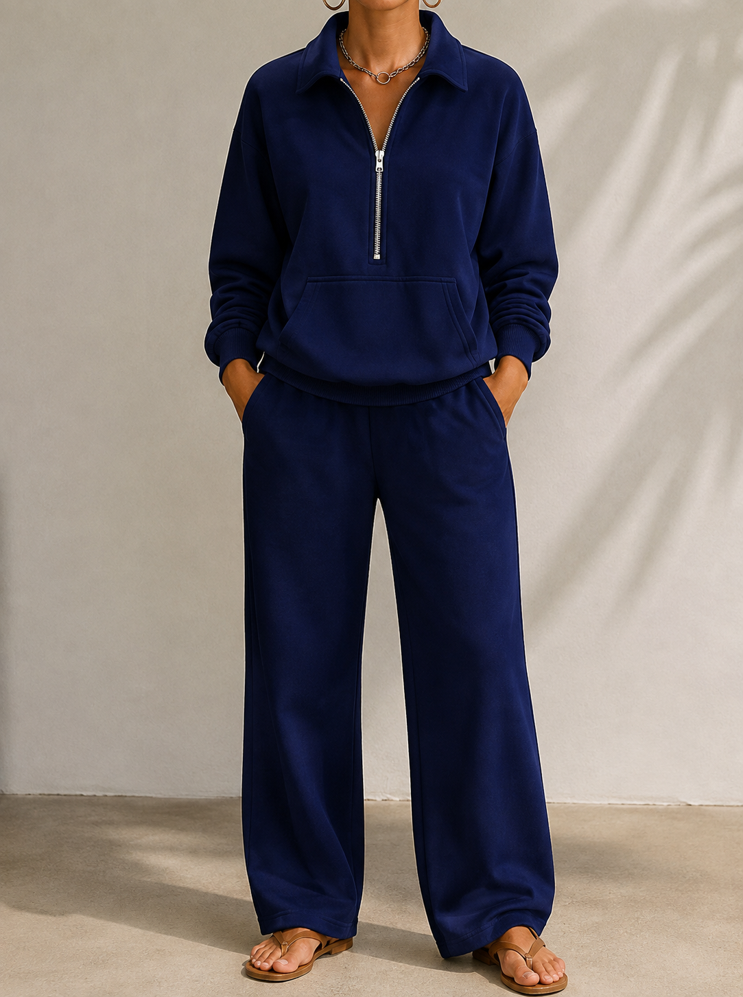 Bergen | Half Zip Collared Wide Leg Sweat Set for Women
