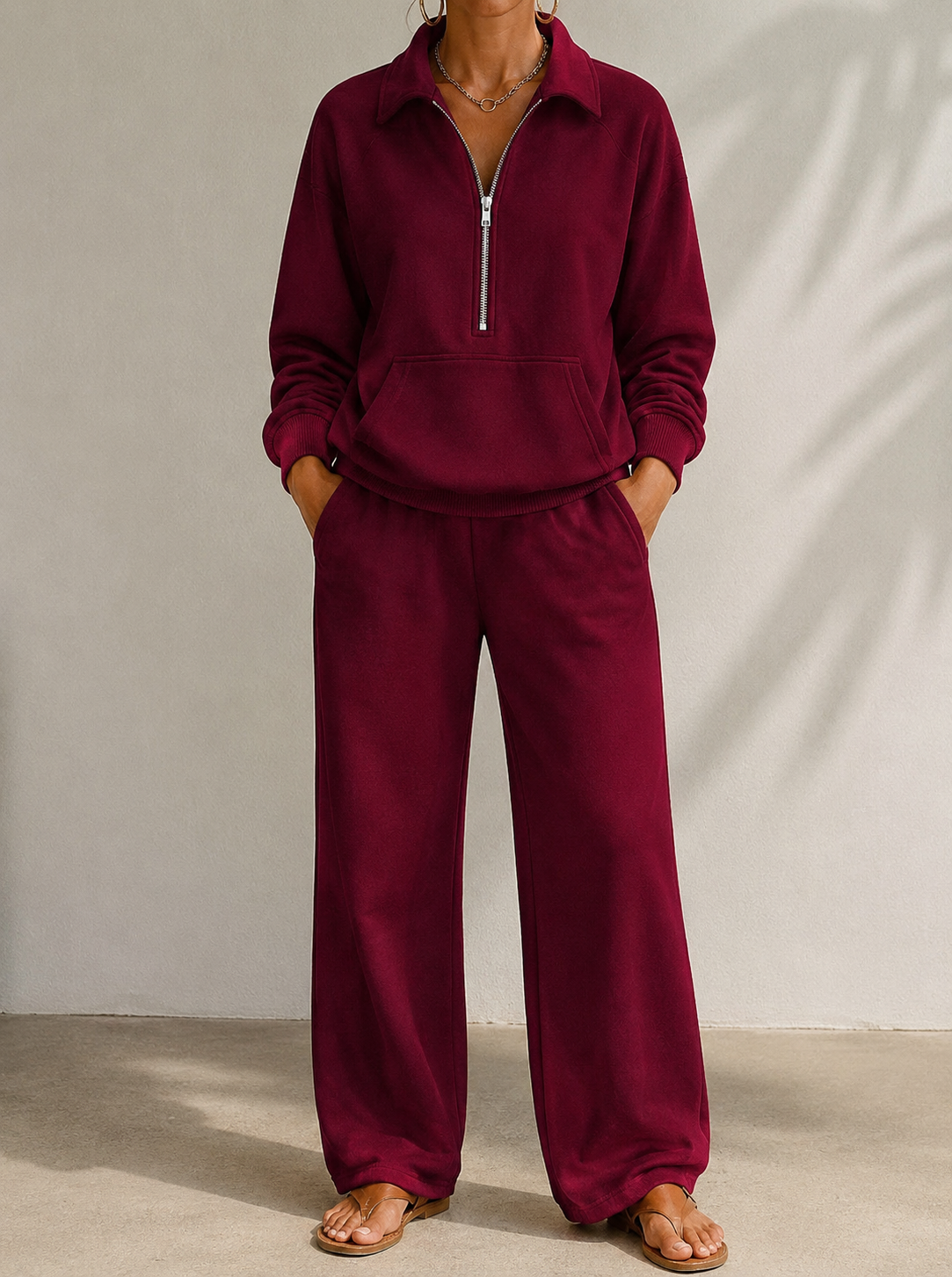 Bergen | Half Zip Collared Wide Leg Sweat Set for Women