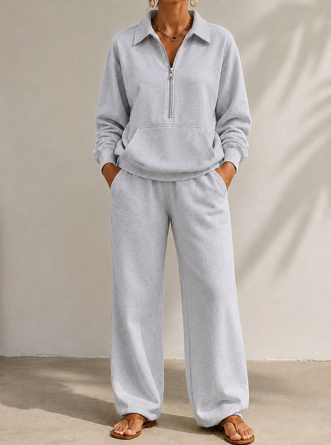 Bergen | Half Zip Collared Wide Leg Sweat Set for Women