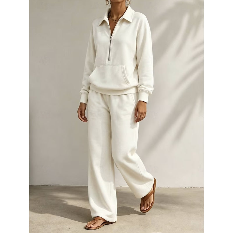 Bergen | Half Zip Collared Wide Leg Sweat Set for Women