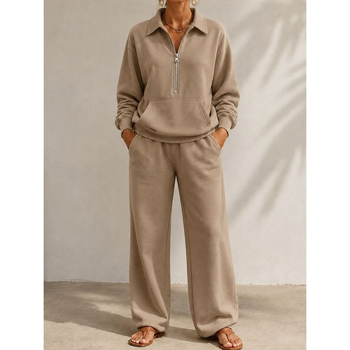 Bergen | Half Zip Collared Wide Leg Sweat Set for Women