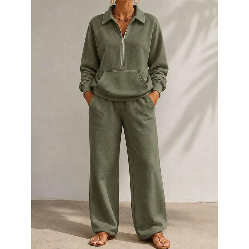 Bergen | Half Zip Collared Wide Leg Sweat Set for Women