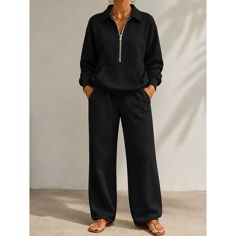 Bergen | Half Zip Collared Wide Leg Sweat Set for Women