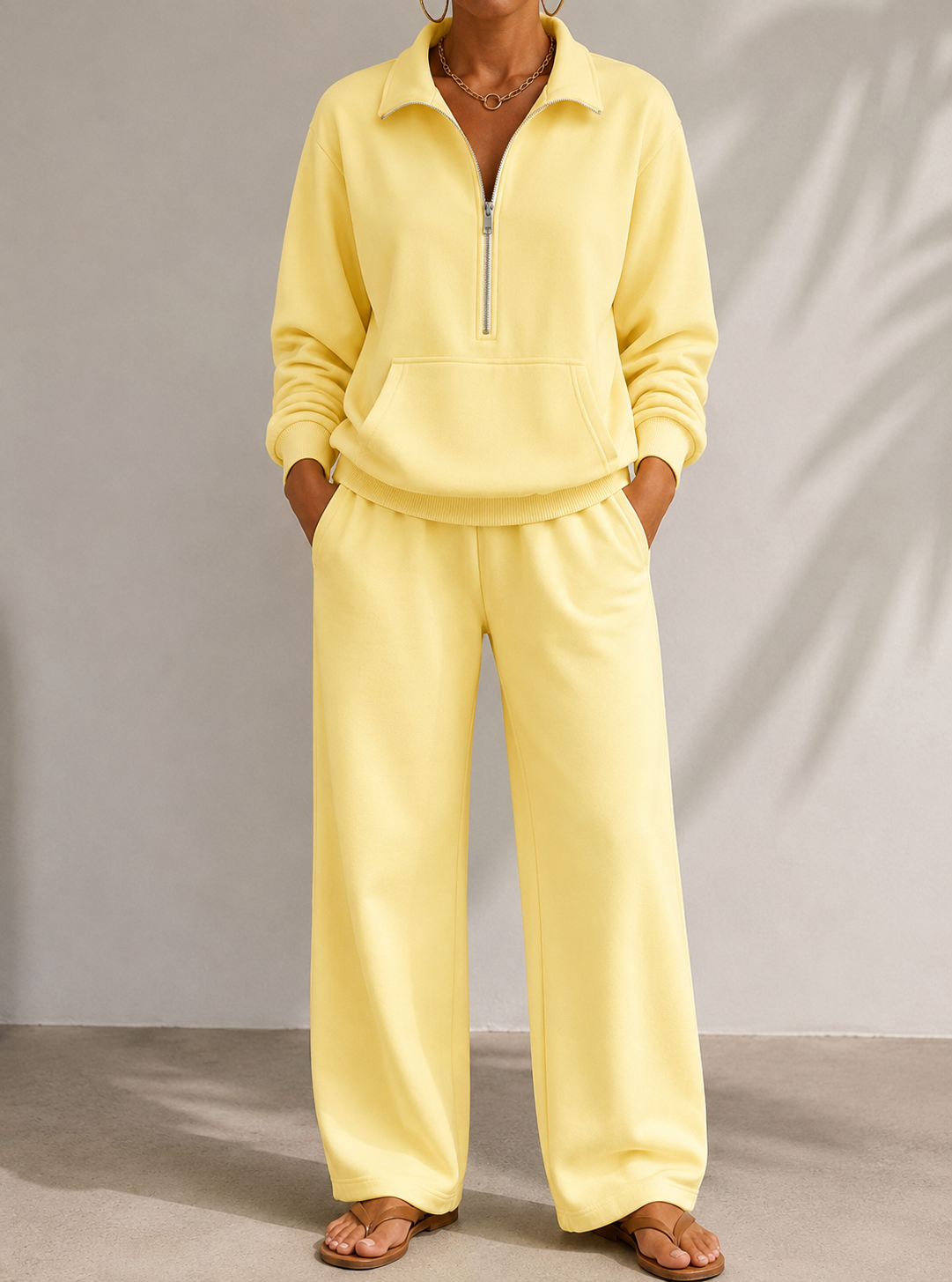 Bergen | Half Zip Collared Wide Leg Sweat Set for Women