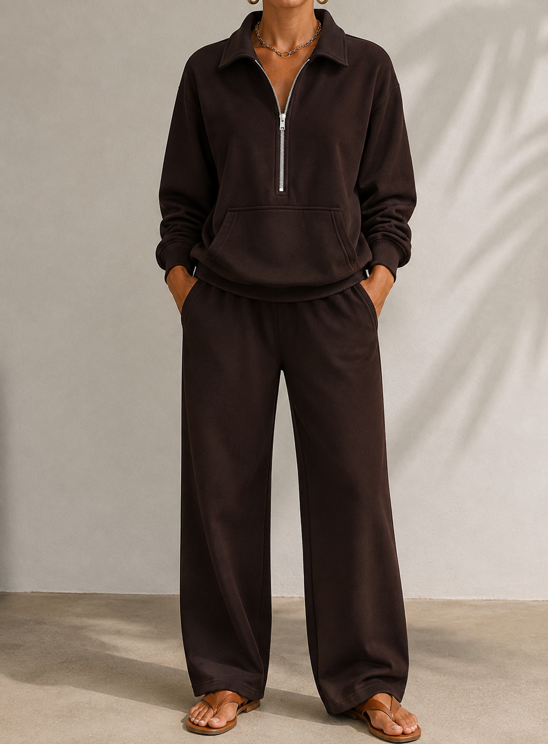 Bergen | Half Zip Collared Wide Leg Sweat Set for Women