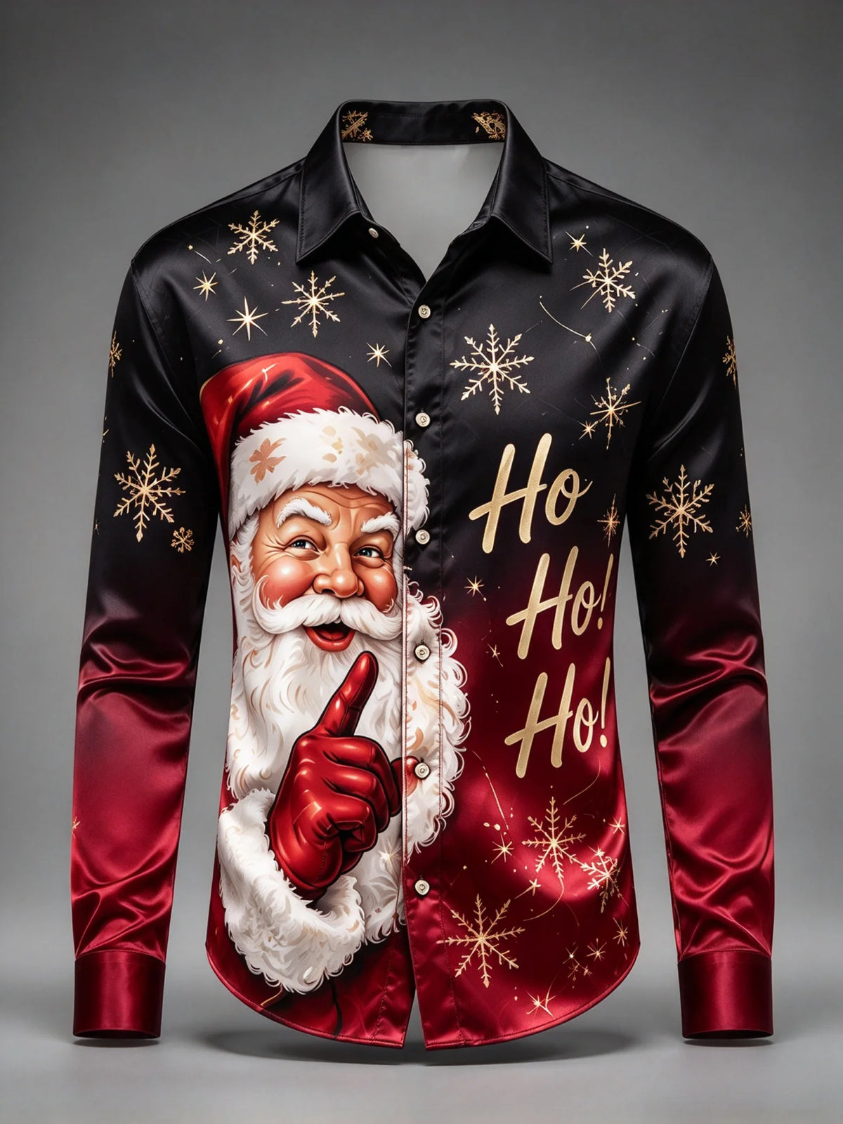 Cruz | Satin Christmas Blouse Ho Ho Ho Santa Print Button-Up Shirt