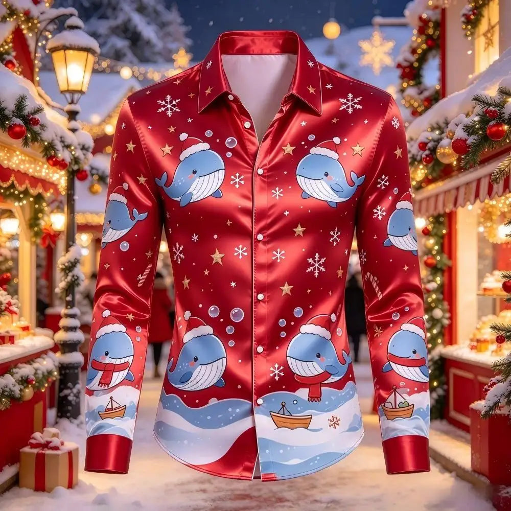 Leopold | Satin Gingerbread Print Button-Down Christmas Blouse