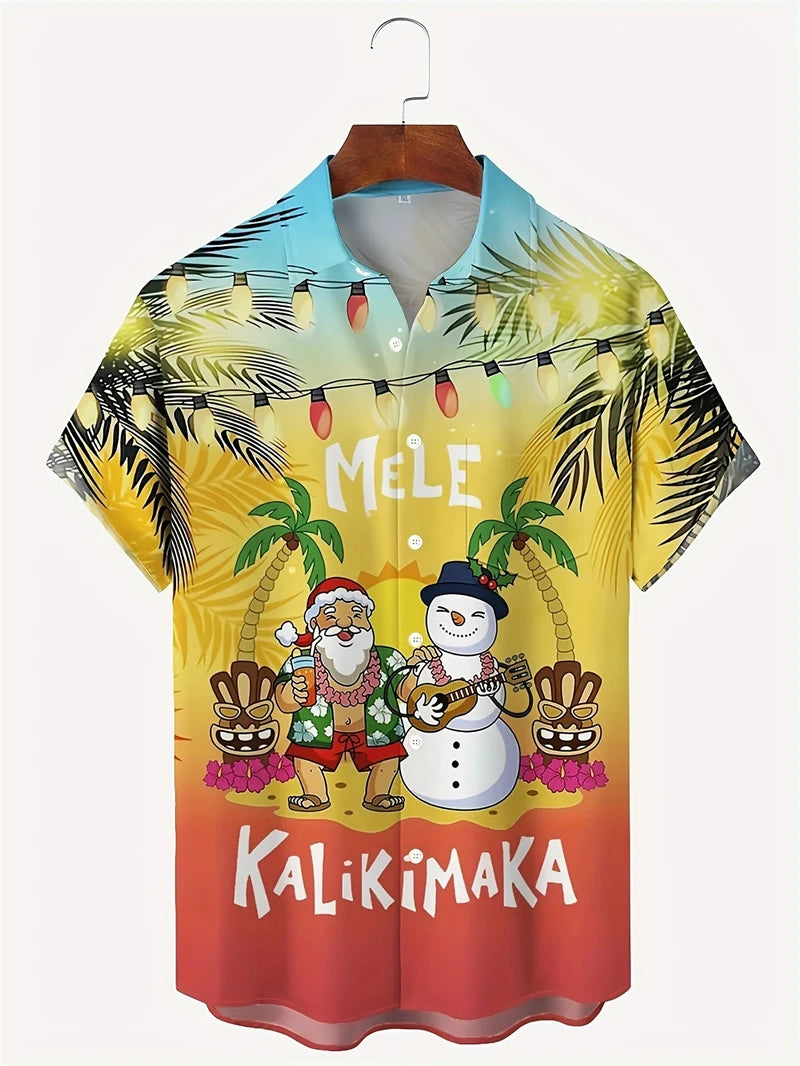Henning | Santa Print Short Sleeve Christmas Blouse for Men