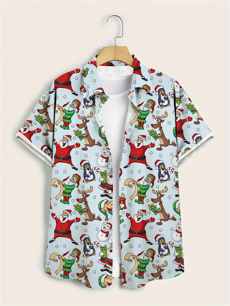Henning | Santa Print Short Sleeve Christmas Blouse for Men