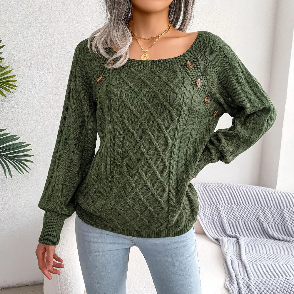 Editha | Cable Knit Sweater with Square Neck Buttons for Women