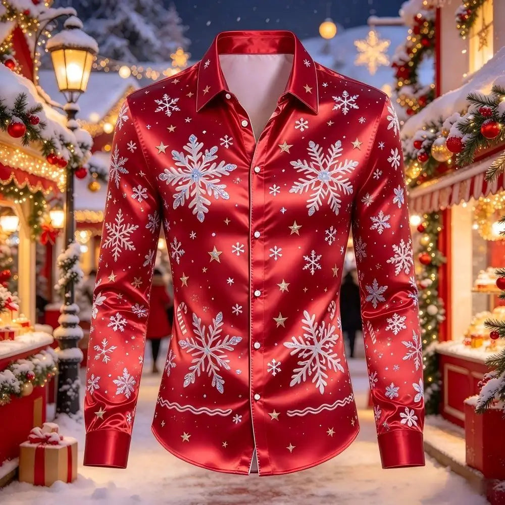 Leopold | Satin Gingerbread Print Button-Down Christmas Blouse