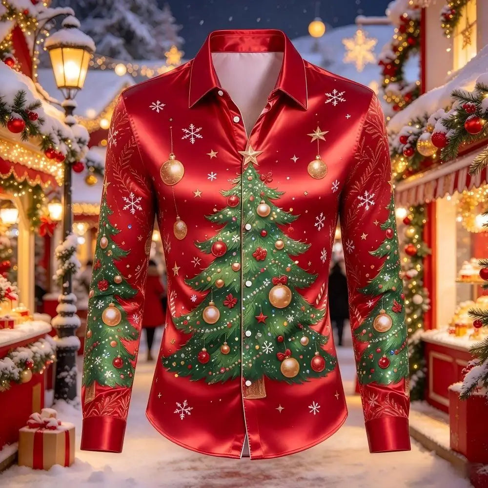 Leopold | Satin Gingerbread Print Button-Down Christmas Blouse