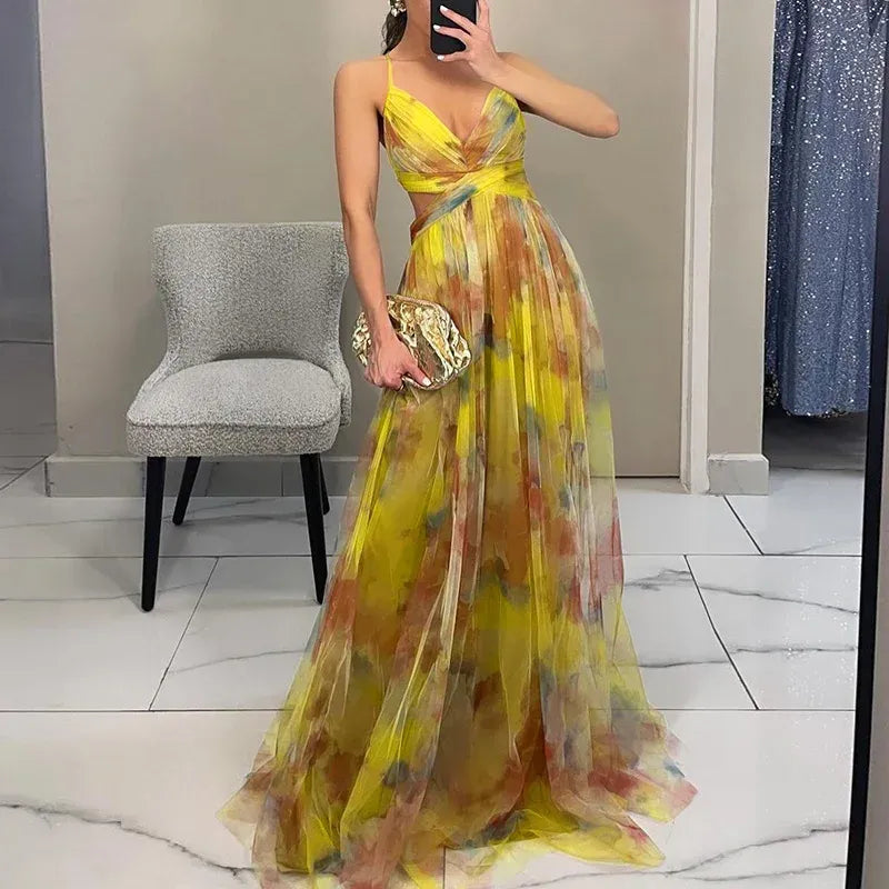 Louisa | Floral V-Neck Maxi Dress with Train for Women