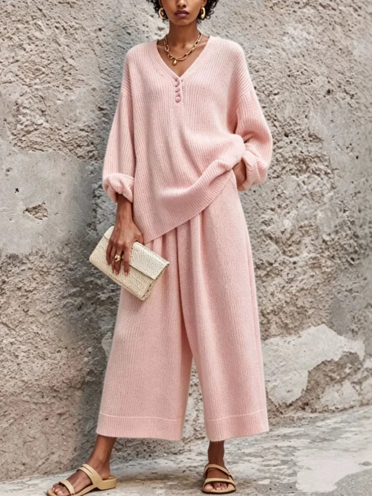 Traudl | Ribbed Knit Sweat Set with Button Placket for Women