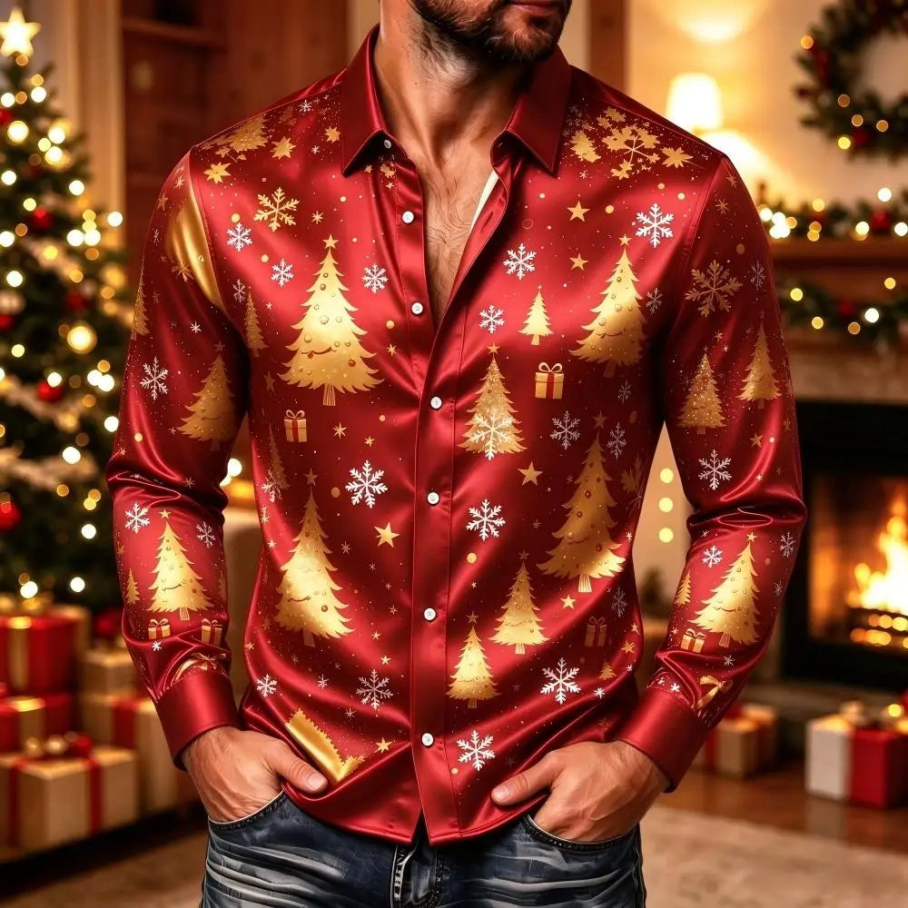 Ubbo | Satin Bell Print Button-Down Christmas Blouse for Men